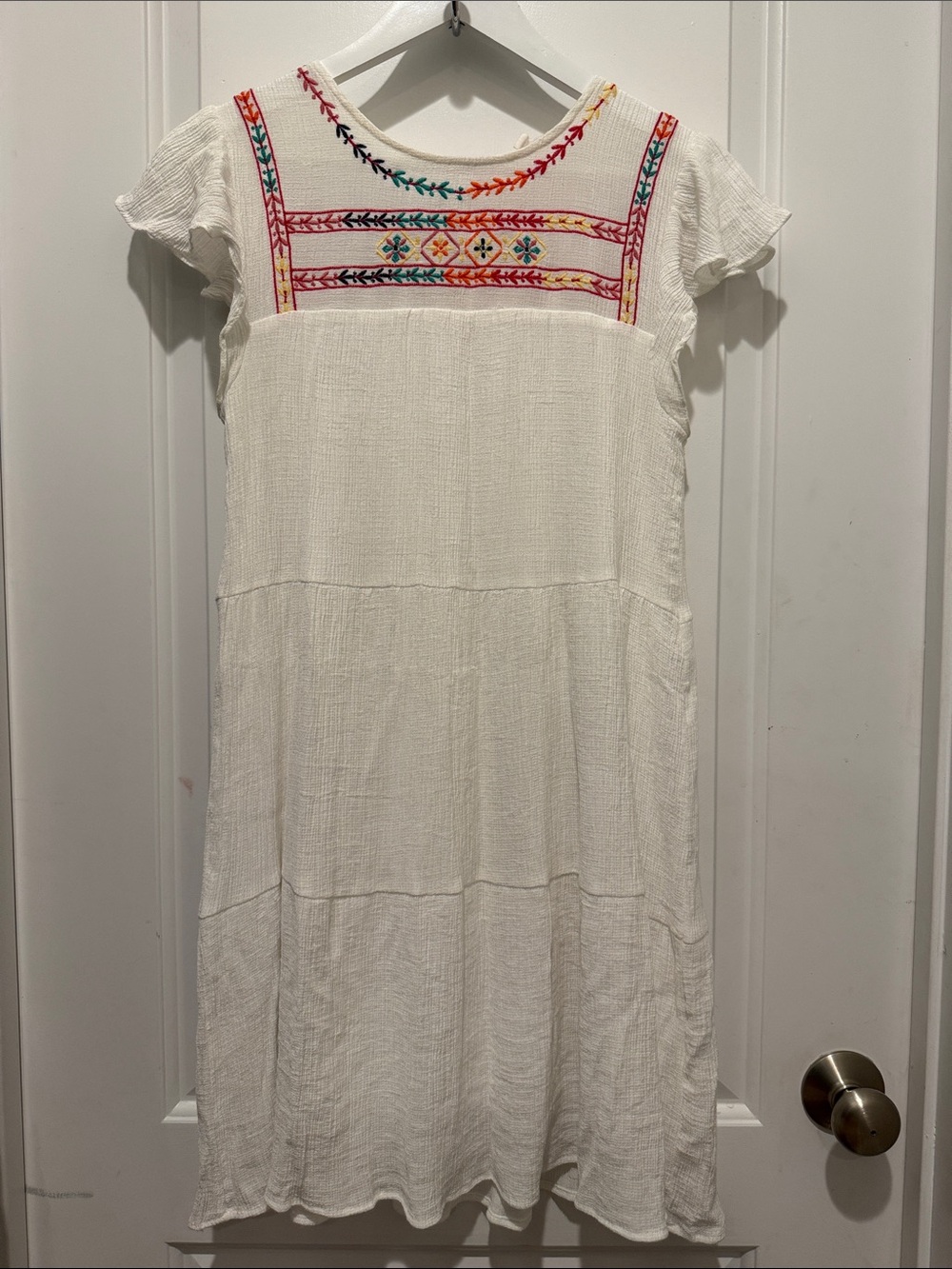 Blu Pepper White Cotton Dress with Multicolor Embroidered Yoke